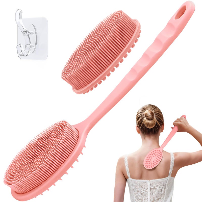 GEENOA Silicone Back Scrubber for Shower, Gentle Shower Scrubber for Lathering, Softe Silicone Loofah with Two Replaceable Brush Heads, Good for Kids, Sensitive Skin(Pink-Two Heads) - Image 1